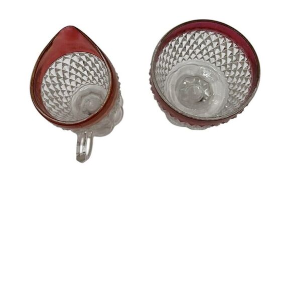 Vintage Indiana Glass Ruby Red Trim Diamond Point Cream and Sugar Set - Picture 5 of 11